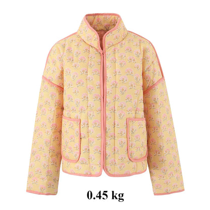 Suninheart Print Quilted V Neck Cotton Jacket Fashion Long Sleeved Quilted Coats Single Breasted Loose Coat Autumn New Outerwear