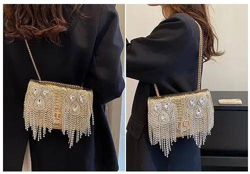 Evening Small Square Bags for Women 2023 Fashion Diamond Tassel Handbag Leather Chain Luxury Party Sparkle Shoulder Bag Woman