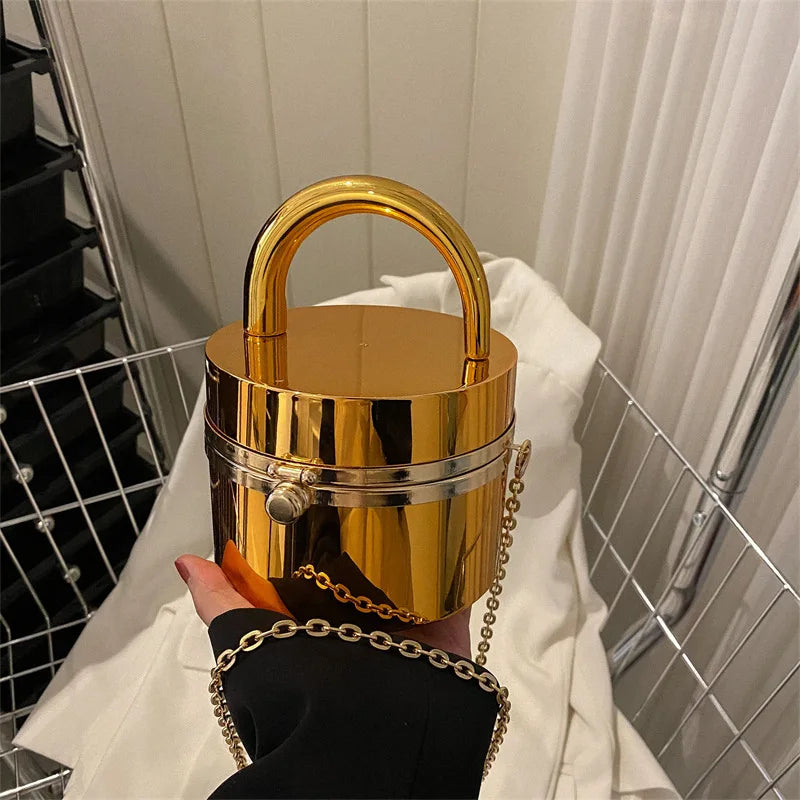 Bolso cilíndrico de acrílico con un solo hombro, bolso de noche de color dorado para mujer, bolso de cadena con forma de caja pequeña