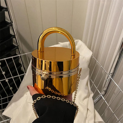 Bolso cilíndrico de acrílico con un solo hombro, bolso de noche de color dorado para mujer, bolso de cadena con forma de caja pequeña