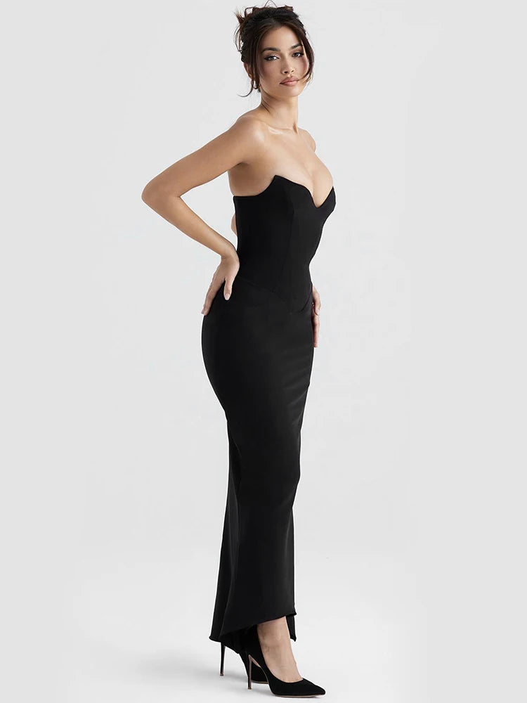 Suninheart - Vestido largo de sirena sin tirantes para mujer, ropa de fiesta, elegante vestido de cóctel negro de doble capa 2023