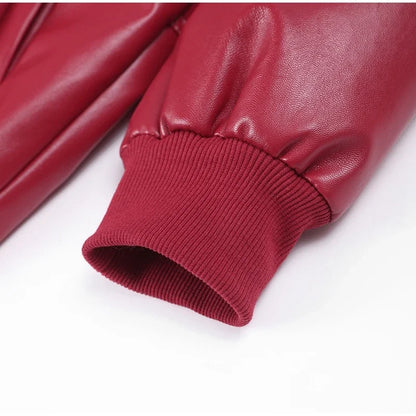 Suninheart Women Red Lapel Zipper Leather Cropped Coat Autumn Casual Long Sleeve Jacket 2023 Winter Fashion Office Streetwear