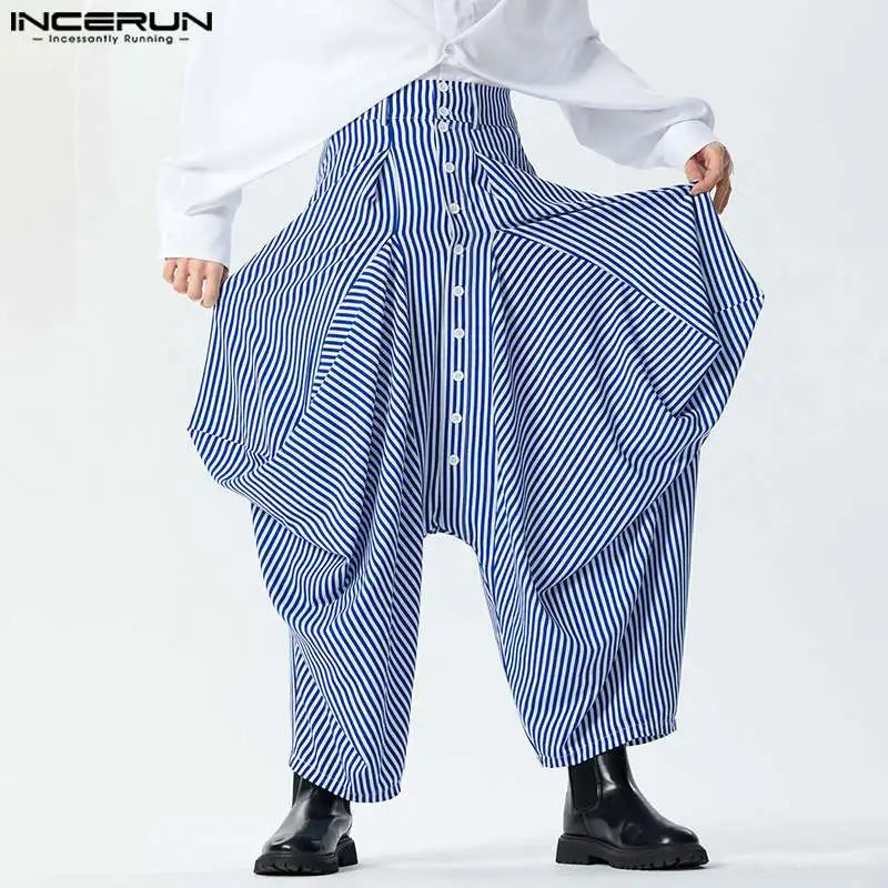 Pantalones a rayas para hombre 2024, pantalones holgados con botones para correr, pantalones de tiro caído a la moda, ropa de calle para hombre, pantalones casuales irregulares S-5XL INCERUN