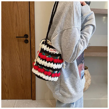 Handmade Woven Cherry Woolen Bag Fresh Fruit Woven Bag Crochet Knitted Bag Leisure String Shoulder Crossbody Bag 2024 New