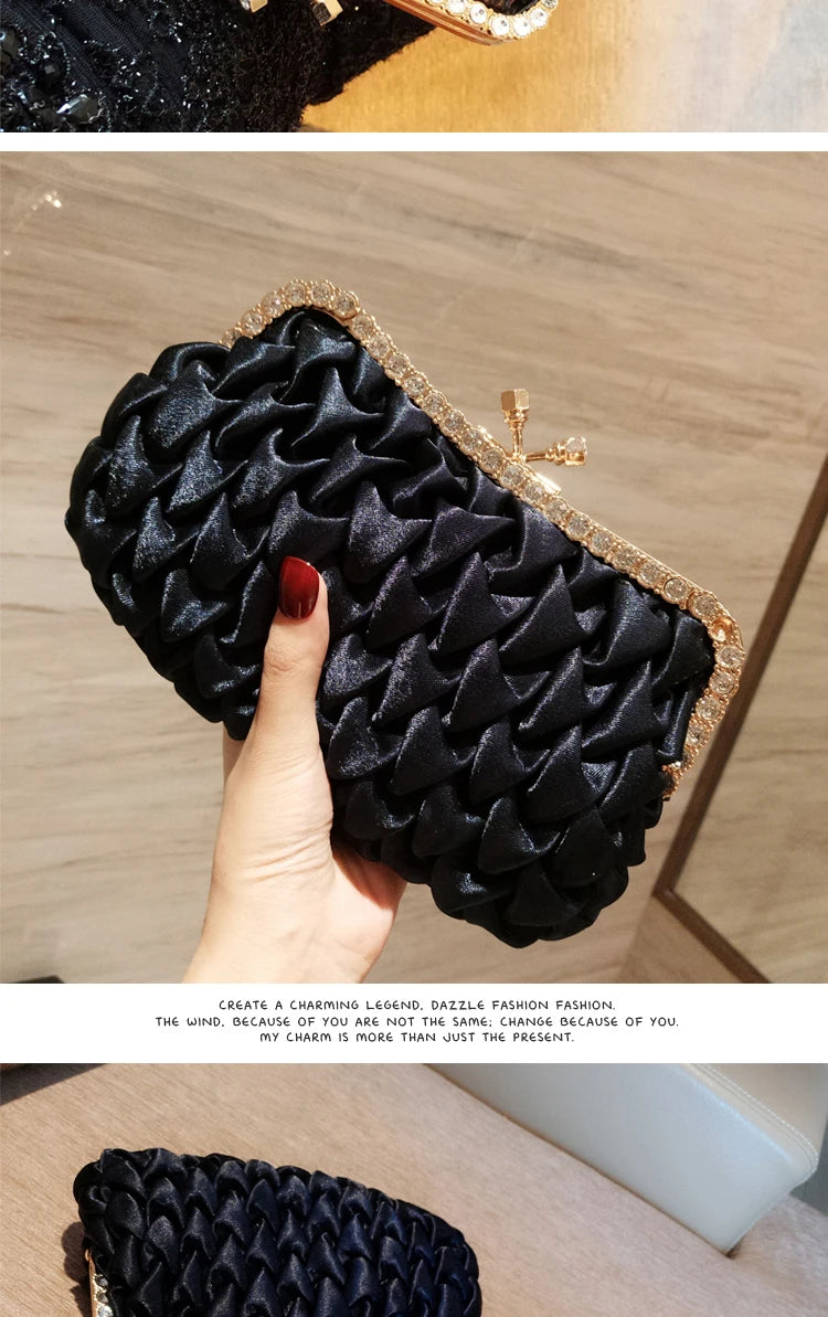 Women Evening Bag Classical Black Clutch Bag Rhinestone Satin Banquet Bag Bride Clutch Bag