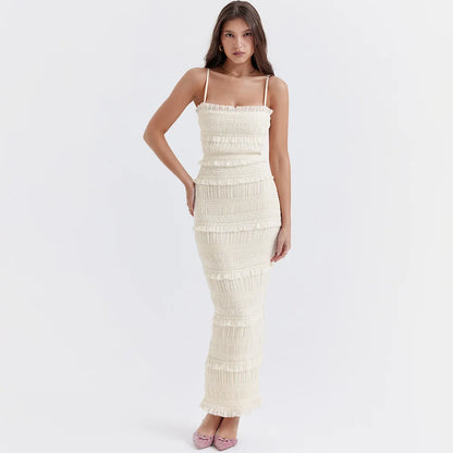 Suninheart Été Maxi Spaghetti Strap Wed Bride Dress Élégante Occasion Formelle Beige Slim Party Even Dress Femmes