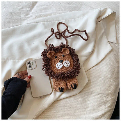 Cute Little Lion Bag For Girls Women's Funny Mobile Phone Coin Purse Winter Knitting Shoulder Crossbody Bag