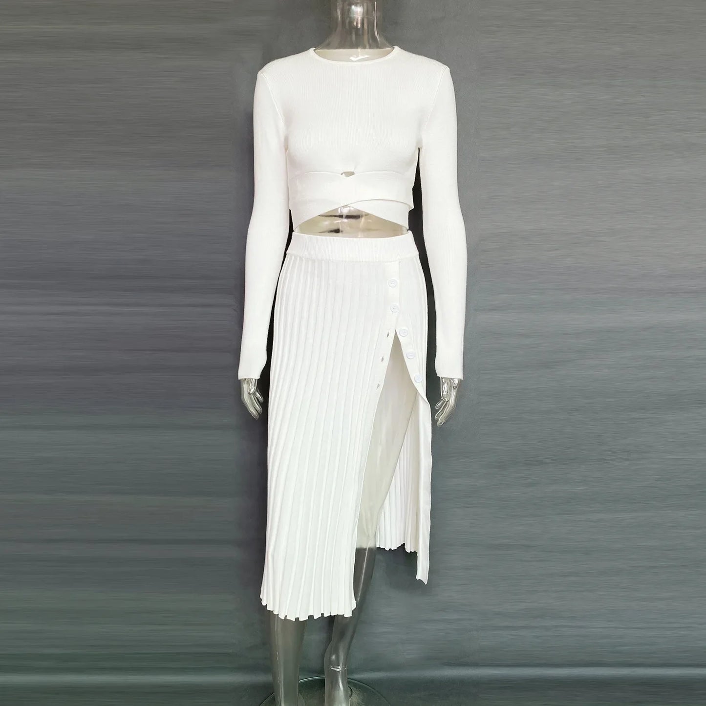 New White Knit Two Piece Women Sets Fall Ribbed Crop Top And Pleated Knitted Skirt Suits For Women Midi Dress Sets 2022