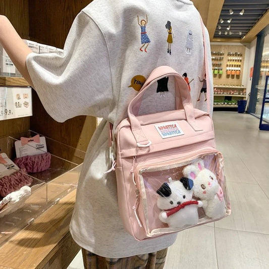 Bolsos cruzados estilo japonés kawaii para mujer, bolso transparente para muñeca, bolso escolar con estampado de letras para niñas, bolsos de nailon