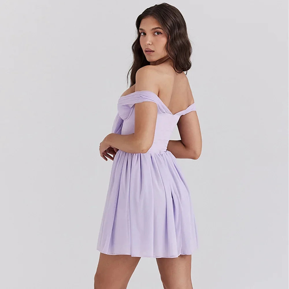 Suninheart slim fitting Short Party Dresses Casual Off The Shoulder Mesh Dress Elegant Purple Fashion Summer Dresses 2024