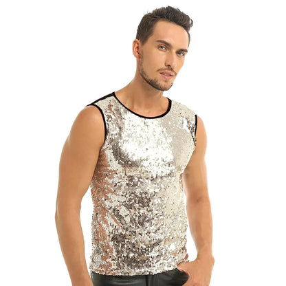 YiZYiF Men's Sequin Tank Top Shiny Crop top Vest Crew Neck Slim Vest Sexy WetLook Tank Top Clubwear Tee Muscle Tank Men Vest Top