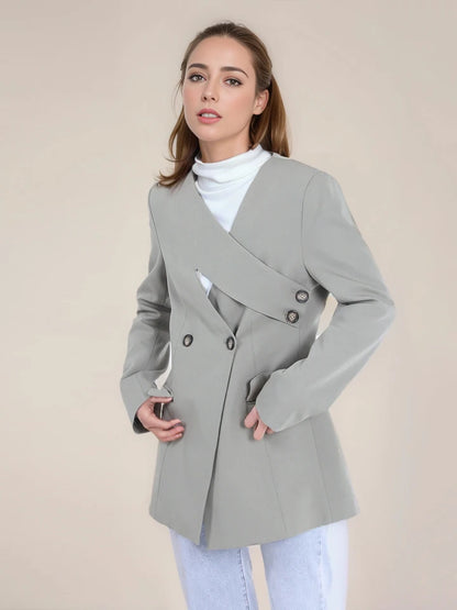 DEAT Fashion Blazer pour femme, col en V, déconstruction, bouton latéral, taille, manches longues, veste de costume grise, printemps 2024, nouvelle tendance CPDB002