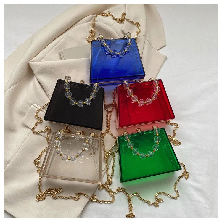 Summer Transparent Box Bag Female Small Pearl Handle Clear Shoulder Bag Chain Acrylic Dinner Bag