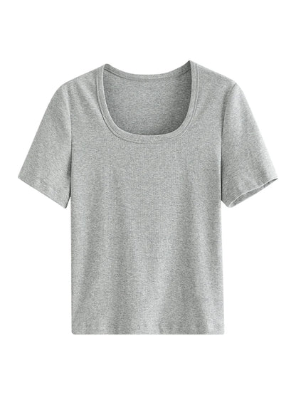 FSLE【4 colores】Camiseta informal de verano gris con cuello redondo para mujer, camisetas elásticas de manga corta con cuello cuadrado de algodón negro 24FS12797+24FS12798