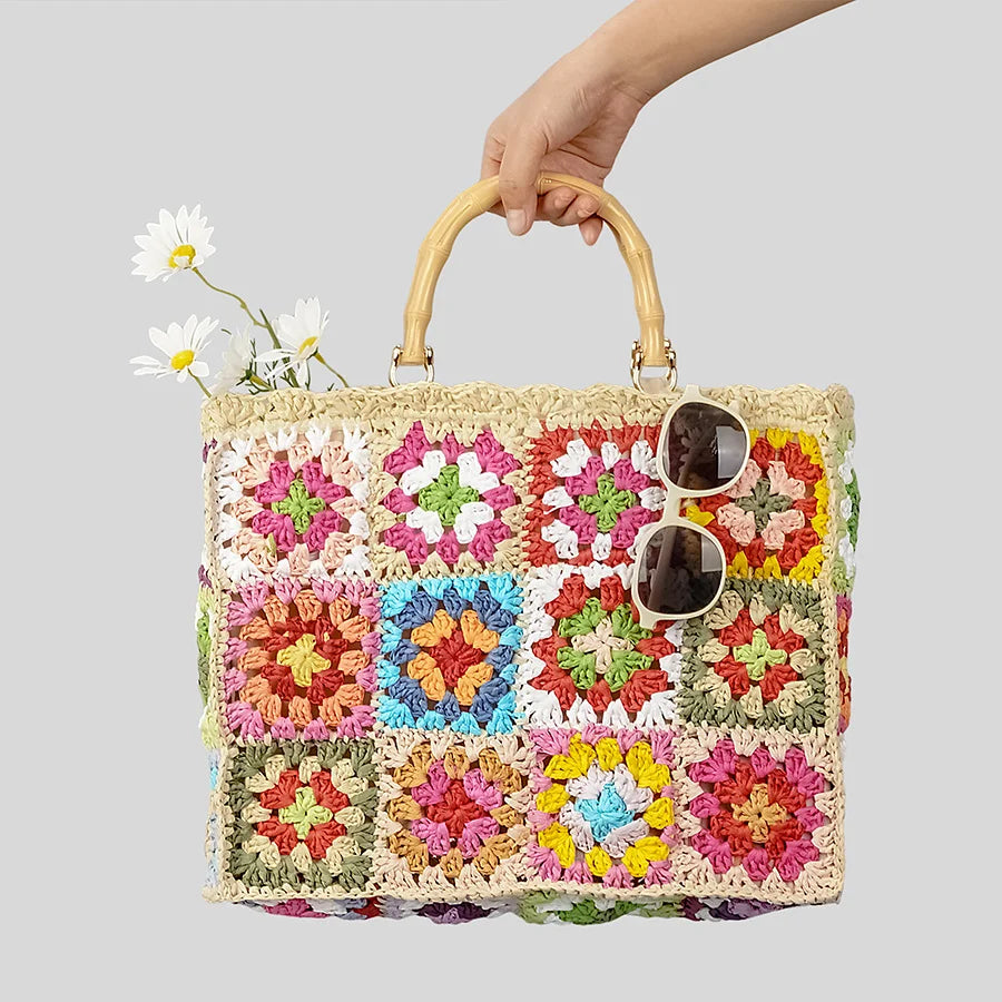 Bolso de mano de paja con forma de granny square bohemio con asa de bambú, bolsos de mujer informales hechos a mano, bolsos de playa de verano, carteras de gran capacidad