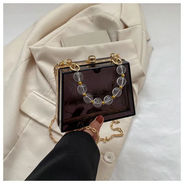 Summer Transparent Box Bag Female Small Pearl Handle Clear Shoulder Bag Chain Acrylic Dinner Bag