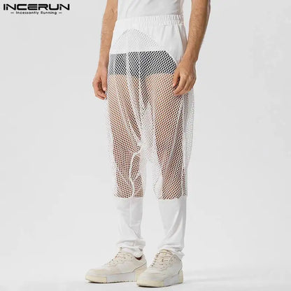 Pantalones nuevos para hombre con estilo sexy INCERUN 2024, pantalones de malla transparente con parches, pantalones elásticos con perspectiva informal, tallas S-5XL