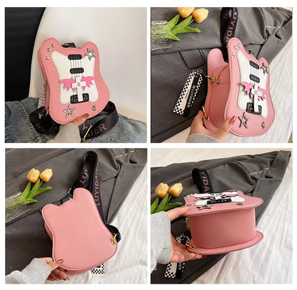 Bolso de hombro para mujer, divertido bolso con forma de violín, moderno bolso cruzado con correa ancha y remaches, bolso de mano de cuero sintético