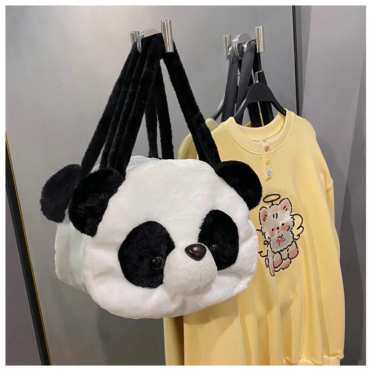 Bolsos de hombro de peluche para adolescentes, diseño kawaii, con forma de cabeza de panda, elegantes y suaves, para compras, portátiles