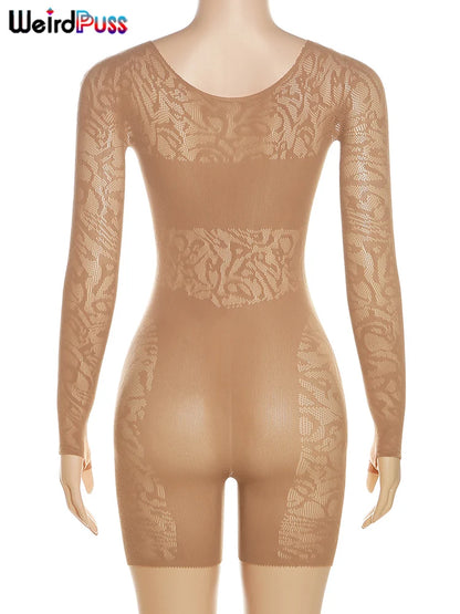 Mono sexy con escote en V profundo para mujer, mono transparente con diamantes huecos, fino, de manga larga, elástico, para fiesta nocturna, club, entrenamiento