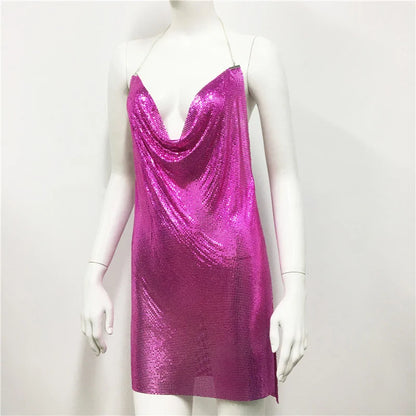 Robe d'été sexy à paillettes et chaîne transparente pour femme, dos nu, tenue de fête d'anniversaire, de boîte de nuit, robe de soirée en métal