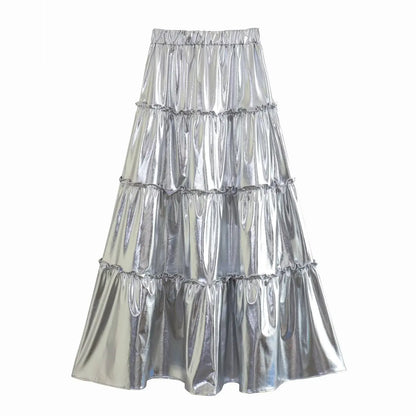 Suninheart Summer 2023 New Women's Silver Metal Texture Medium Length Skirts High Waist A-Line Slim Large Skirt Hem Cake Skirt