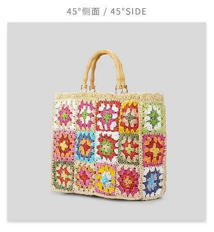 Bolso de mano de paja con forma de granny square bohemio con asa de bambú, bolsos de mujer informales hechos a mano, bolsos de playa de verano, carteras de gran capacidad