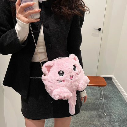 Bolso estilo japonés rosa kawaii para mujer, bolso de hombro de felpa con dibujos de gato para mujer, bolso cruzado, bolso pequeño para teléfono y cartera, novedad de 2024