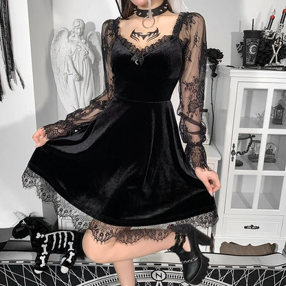 E-girlGrunge Gothic Black Mini Dress Lace Trim High Waist Bodycon Dress Y2K Women 90s Vintage Punk Harajuku Lolita Clothes