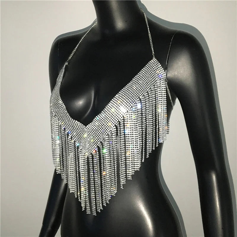 Chaleco con cuello halter y brillantes diamantes de imitación para mujer, top sexy de playa con borlas y cadena sin espalda para mujer, top corto calado para fiesta 2023