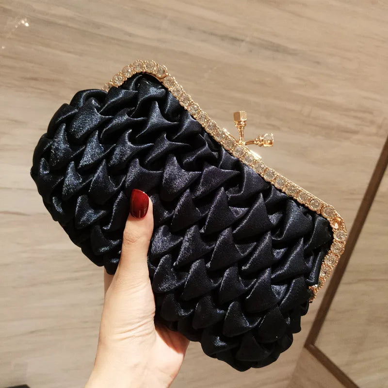 Women Evening Bag Classical Black Clutch Bag Rhinestone Satin Banquet Bag Bride Clutch Bag