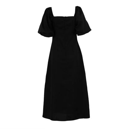 Suninheart Maxi Summer Puff Sleeve Holiday Dress Black Square Neck Party Dresses Casual A Line Women Dress 2023