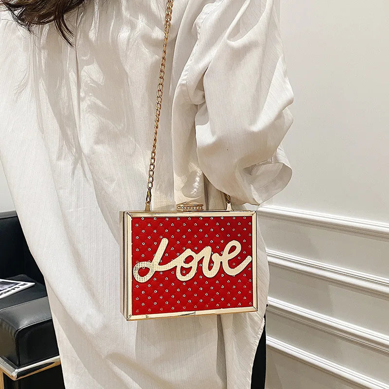 Fashion Handbag Sequine Love Letter Decoration Box Shape Shoulder Bag Female Square Metal Frame Evening Diamond Lock Chain Bags