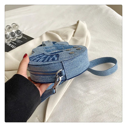 Sac en jean de luxe pour femmes, sac à bandoulière en denim moto, sac à bandoulière pour femmes, sac créatif en forme de guitare, pochettes