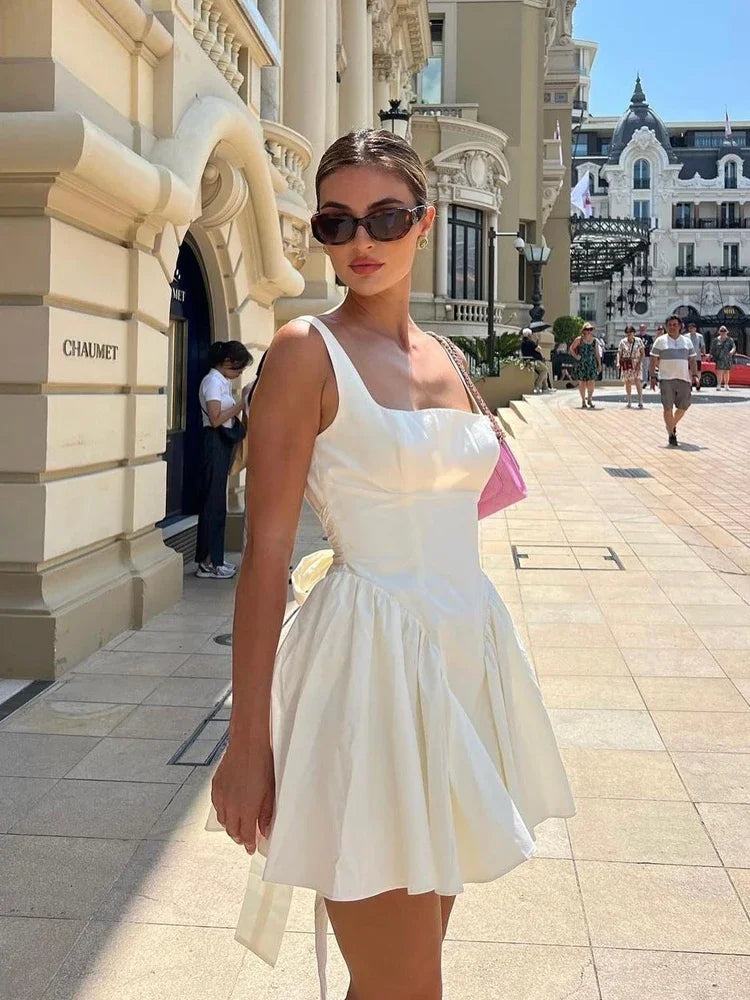 Suninheart Summer Sexy Square Collar Backless Party Dresses Mini White Drape A Line Night Date Dress Big Bow Women New In Dress