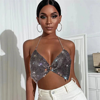 Sparkling Diamond Women Bra Sexy Club Rhinestone V-Neck Nightclub Stretch Tank Top Beach Birthday Party Body Chain Bralette