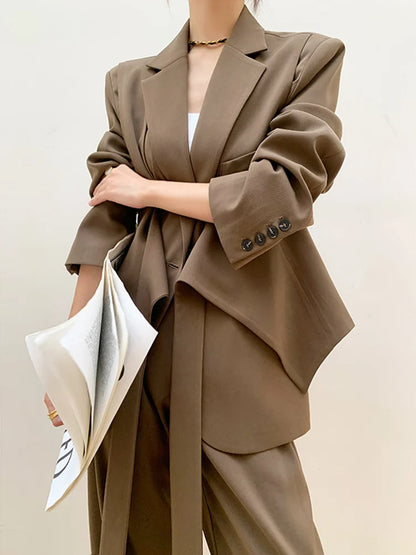 DEAT Fashion Women's New Solid Notched Loose Single Button Blazer High Waist Straight Long Pants Female Tide Summer 2024 17A2339