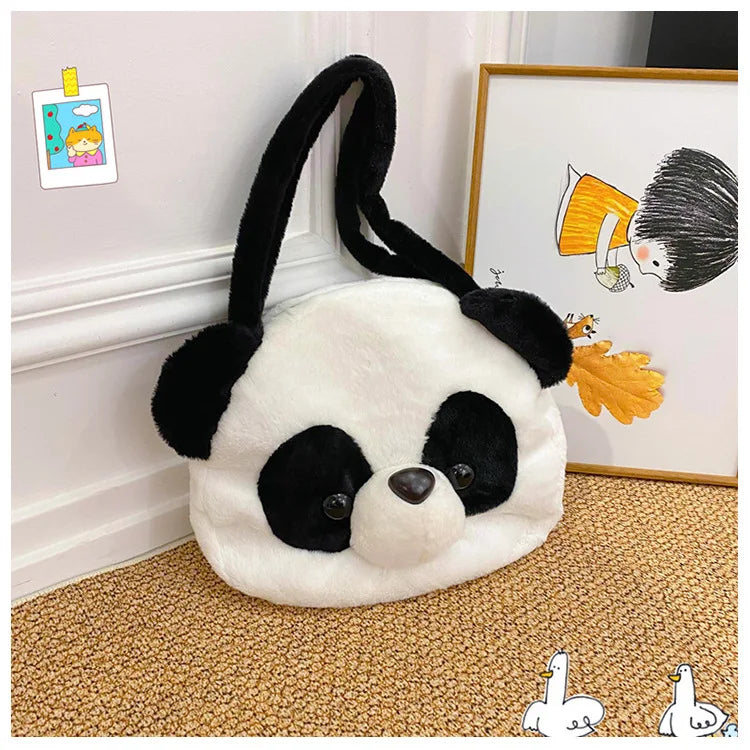 Bolsos de hombro de peluche para adolescentes, diseño kawaii, con forma de cabeza de panda, elegantes y suaves, para compras, portátiles