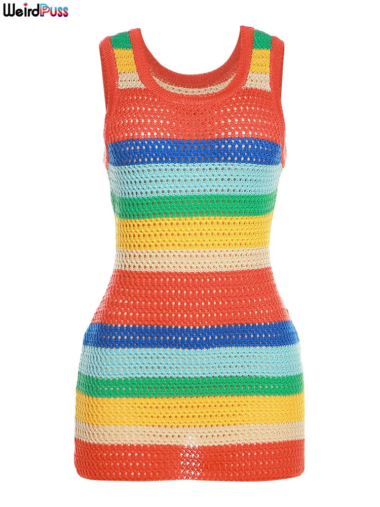 Vestido de mujer de crochet con rayas de gatito extraño, tirantes gruesos, sin mangas, ajustado, muy elástico, moda de verano, ropa de calle, fiesta, Y2K, ceñido al cuerpo