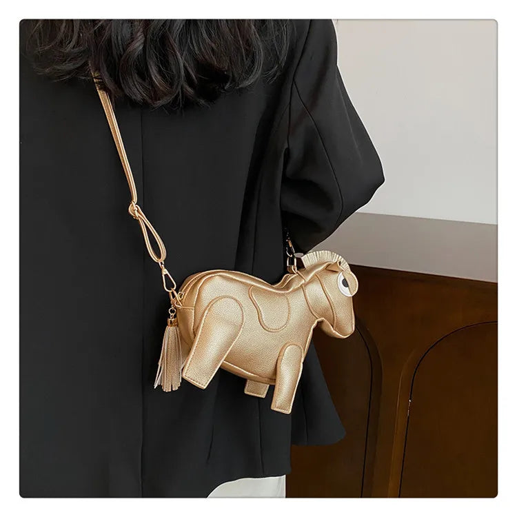 Lady Fashion High Quality Animal Horse Shape Shoulder Bag Cute PU Leather Tassel Crossbody Bag Female Handbags