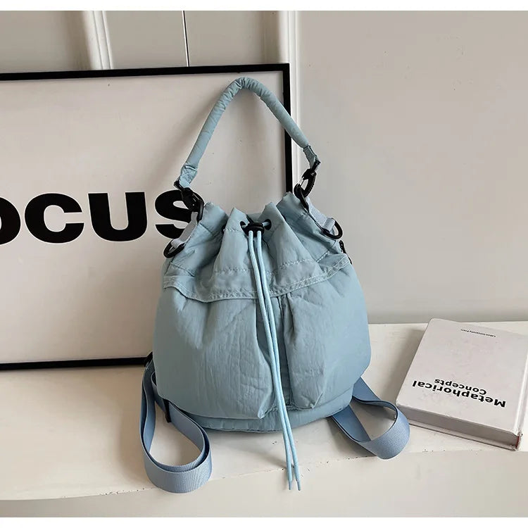 Sac seau décontracté en duvet souple avec cordon de serrage pour femme, sacs à bandoulière rembourrés en nylon léger, sacs à main simples de petite taille, sacs fourre-tout