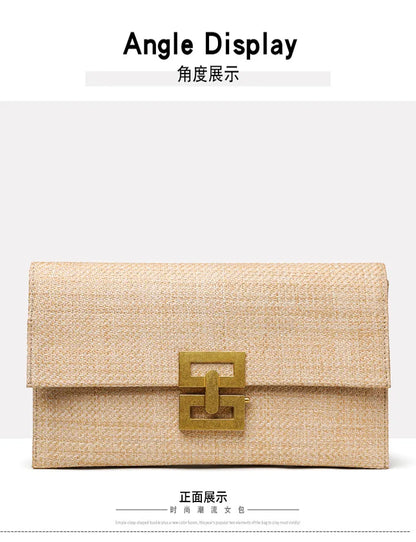 Casual Straw Clutch Bag for Women Chic Metal Lock Lady Handbags Vintage Summer Beach Bag Fashion Party Purses for Female 2024