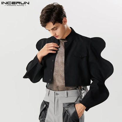 Soirée Spectacles Style Hauts INCERUN Beau Hommes Mode Solide Pétale Conception Vestes De Costume Personnalité Masculine Blazers À Manches Courtes S-5XL