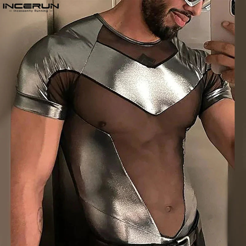 2024 Body pour hommes en maille patchwork brillant transparent col rond manches courtes barboteuses pour hommes streetwear mode body S-3XL INCERUN