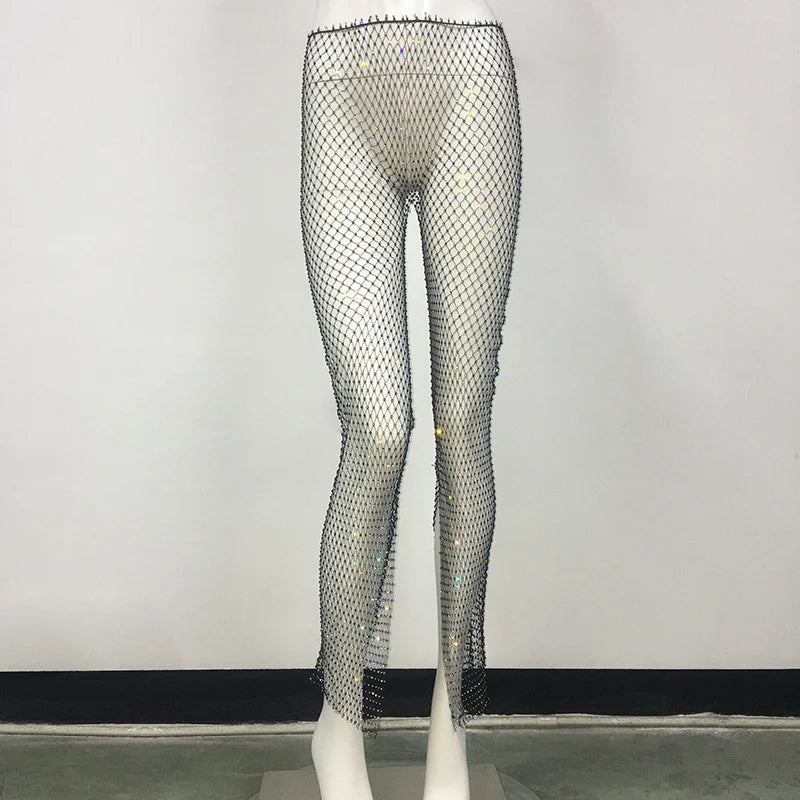 Pantalon crayon sexy transparent ajouré en cristal et diamant brillant pour femme, mode d'été, streetwear, club, fête, pantalon fendu