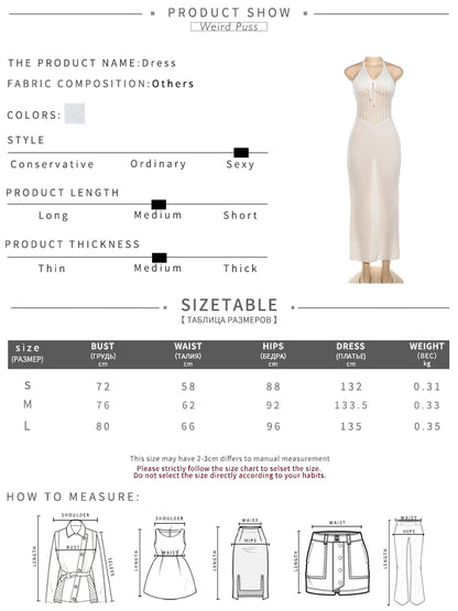 Vestido de mujer transparente de crochet con escote en V y espalda descubierta con tiras elásticas y escote halter, vestido sexy de verano 2024 para citas y vacaciones