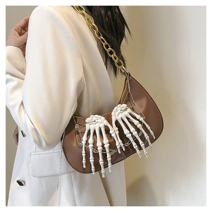 Bolso bandolera estilo punk con cadena para chica cool 3d Mano Scheletrica, bolso bandolera estilo Y2k vintage para mujer 2024