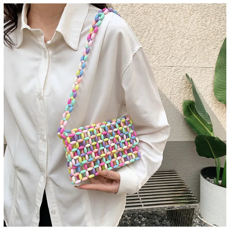 Summer Small Bag New 2023 Candy Color Envelope Bag Hand Made Hollow Woven Shoulder Bag