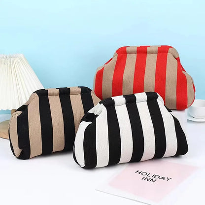 Bolso de mano de punto a rayas de moda para mujer, bolso de mano con paneles con clip y diseño informal para playa, ideal para vacaciones de verano 2024