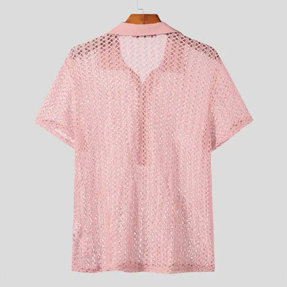 Camisa de moda para hombre, de malla transparente, con solapa hueca, de manga corta, ropa de calle para hombre 2023, camisas sexis de color sólido S-5XL INCERUN